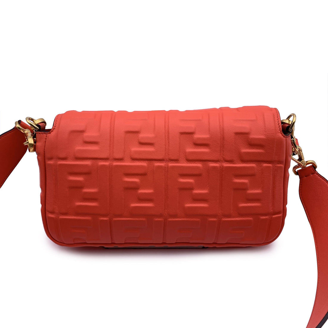 FENDI Orange Red Embossed Ff Logo Leather Baguette Shoulder Bag