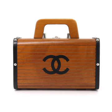 Chanel wood vanity hand bag leather brown black silver metal fittings  Wood Vanity