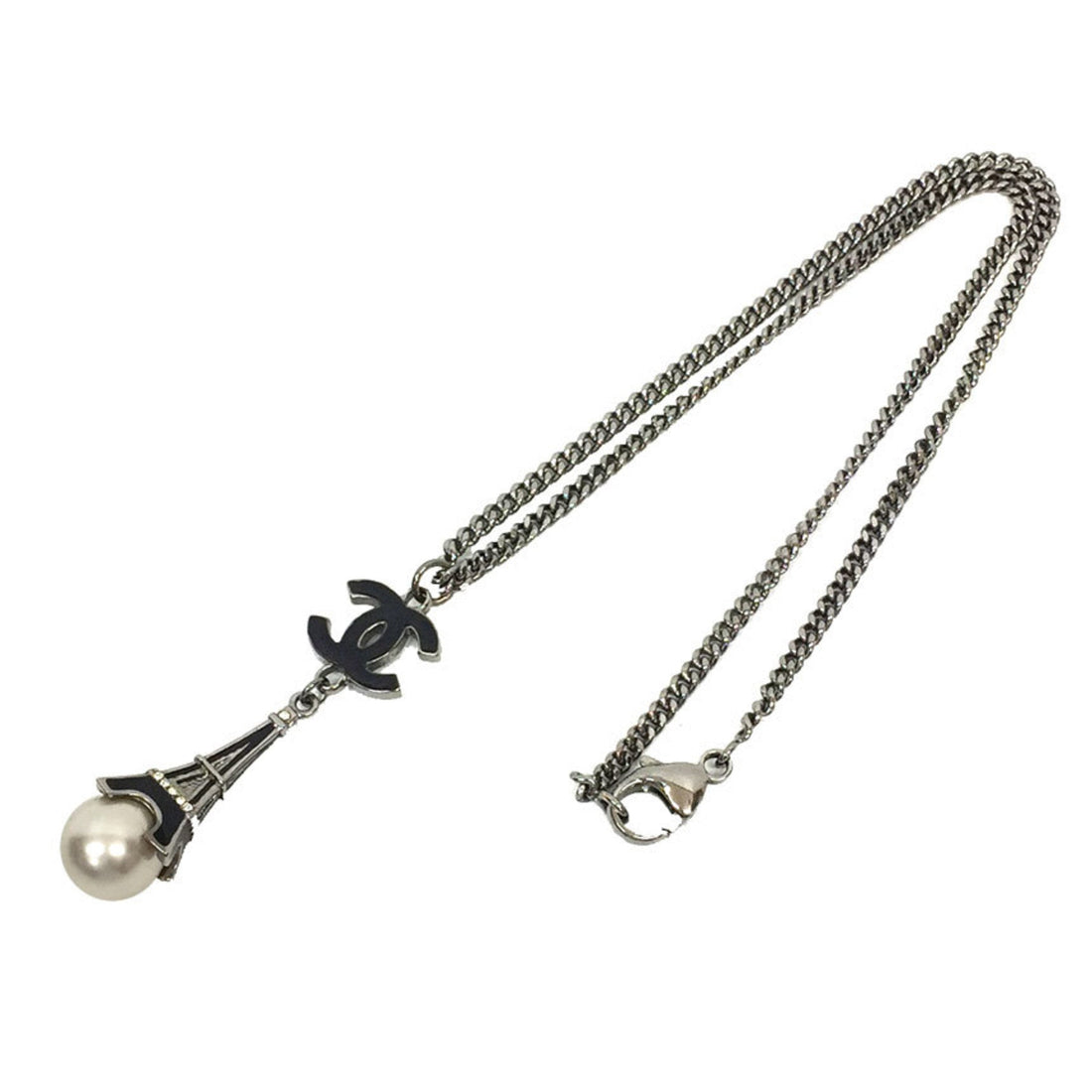 Chanel Pendant Necklace Coco Mark Artificial pearl Eiffel Tower 06C Black Silver Color Ladies