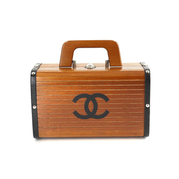 Chanel wood vanity hand bag leather brown black silver metal fittings  Wood Vanity