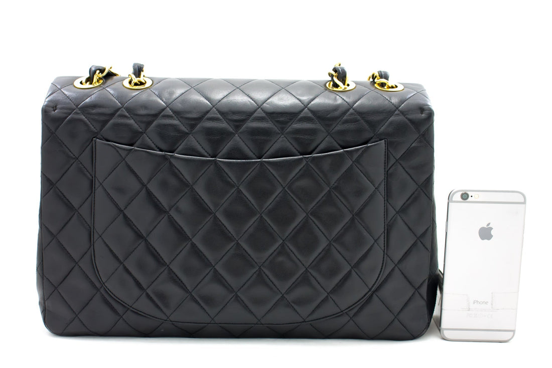 CHANEL Classic Maxi 13" 2.55 Flap Chain Shoulder Bag Black Lamb h22