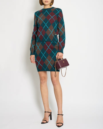 Pearl Street Bags Chanel 24Y Petroleum Blue, Burgundy & Brown Two-Piece Cashmere Jumper and Skirt Set with CC Crystal Logo Detail FR 34/36 (UK 6/8)