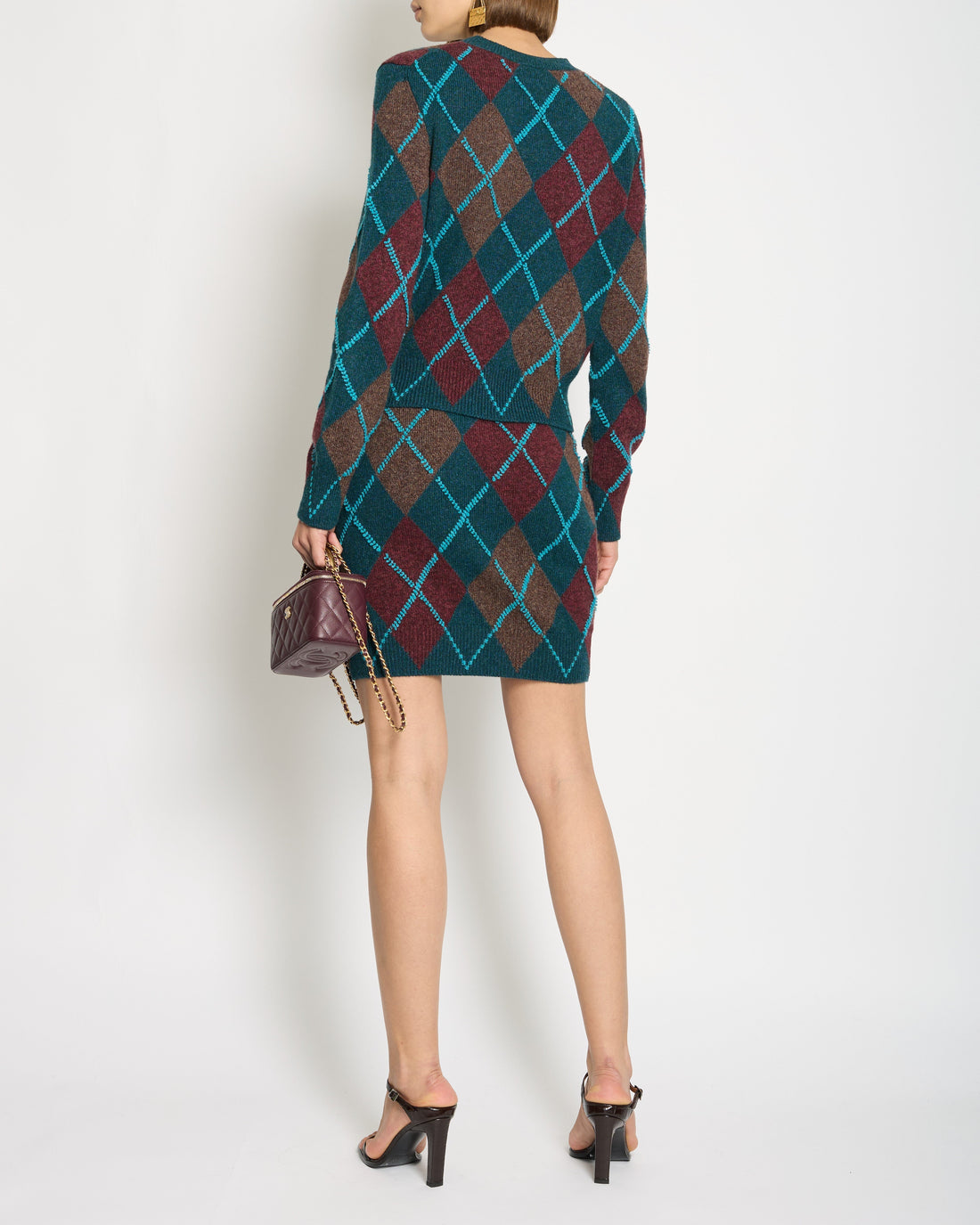 Pearl Street Bags Chanel 24Y Petroleum Blue, Burgundy & Brown Two-Piece Cashmere Jumper and Skirt Set with CC Crystal Logo Detail FR 34/36 (UK 6/8)