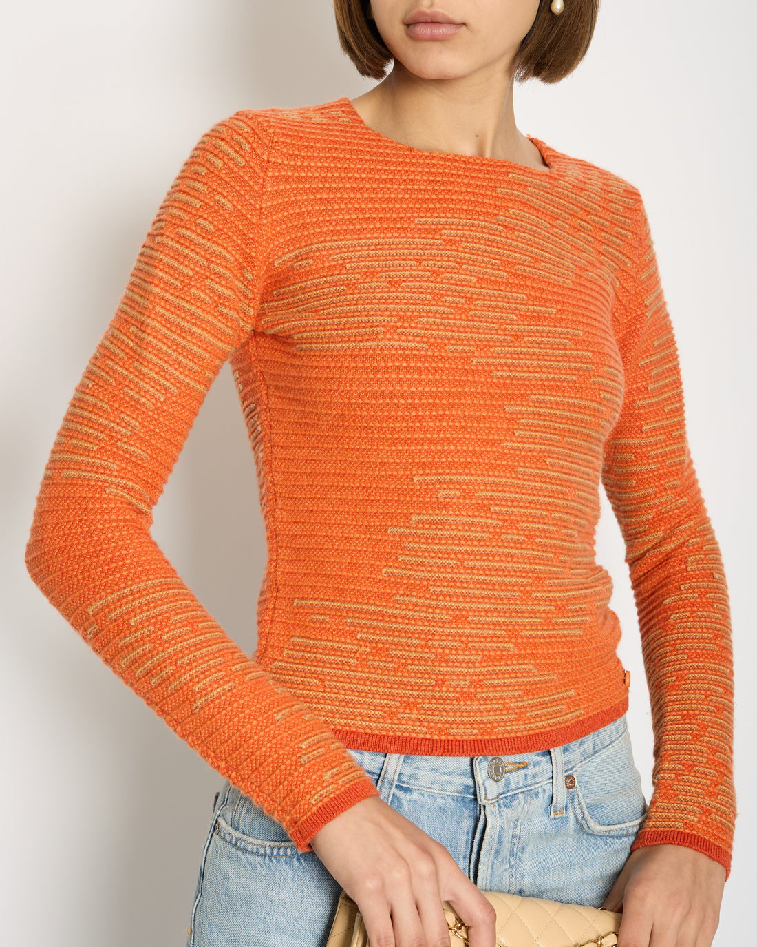 Pearl Street Bags Chanel 14K Carrot Orange Cashmere Jacquard Jumper with CC Detail Size FR 34 (UK 6) RRP ¬£1960