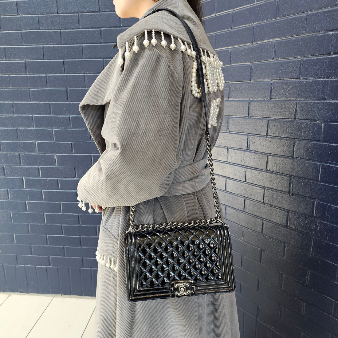 Chanel Black Quilted Patent Leather Medium Boy Flap Bag TWS