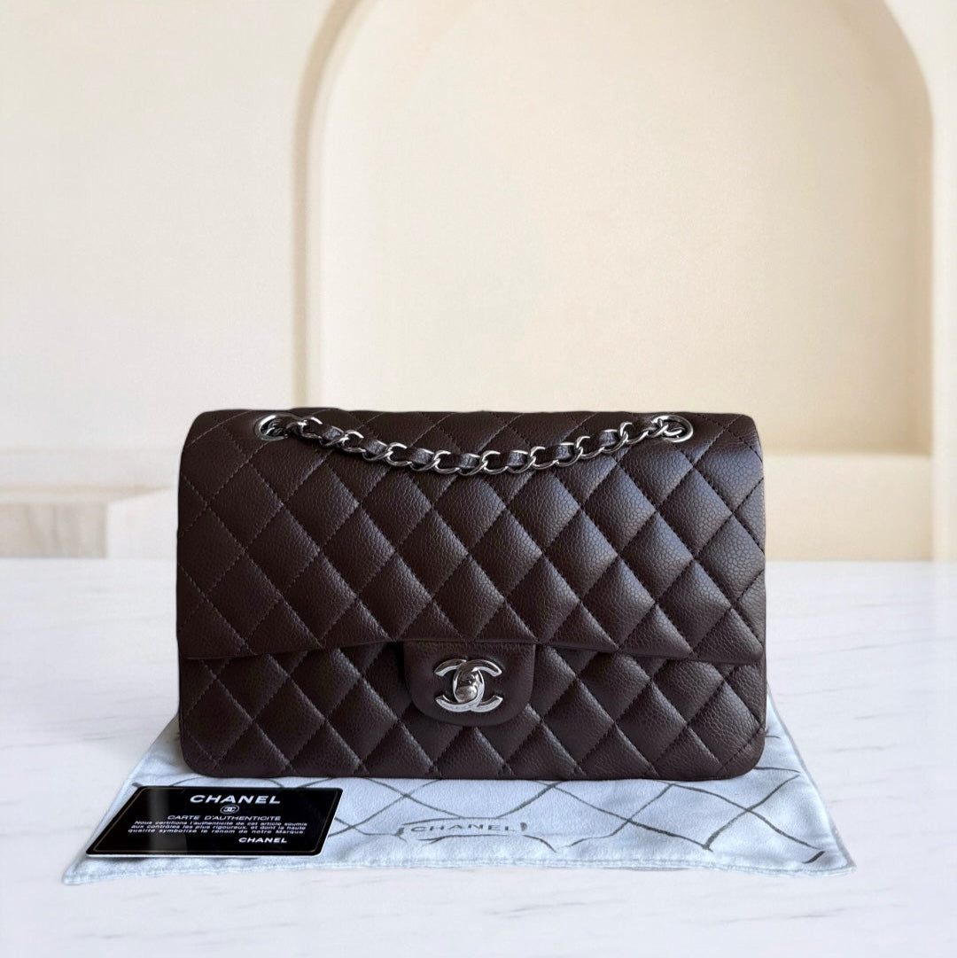 Chanel Classic Flap Medium - Togo/epsom/caviar/clemence/callfskin/cowhide/lambskin 25CM Quilted Grained CalBNkin Dark Brown Silver Hardware Series 14