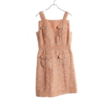 Top Quality Chanel Tweed Dress Polyester Orange/White