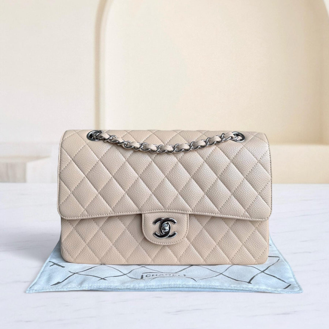 Chanel Classic Flap Medium - Togo/epsom/caviar/clemence/callfskin/cowhide/lambskin 25CM Quilted Grained CalBNkin Beige Silver Hardware Series 13