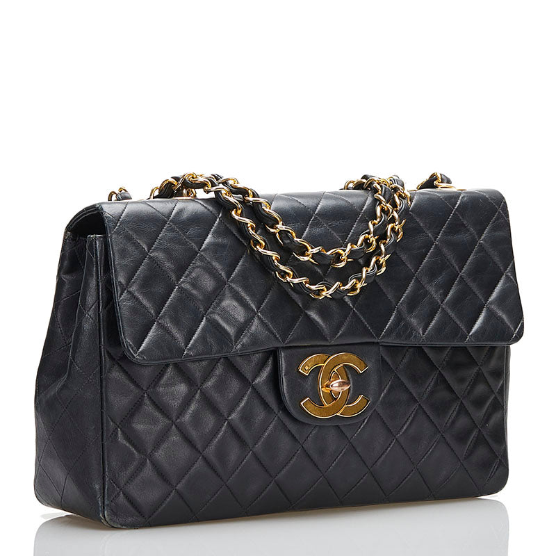 Chanel Lambskin Matelasse 34 Chain Shoulder Tote Bag Black Gold