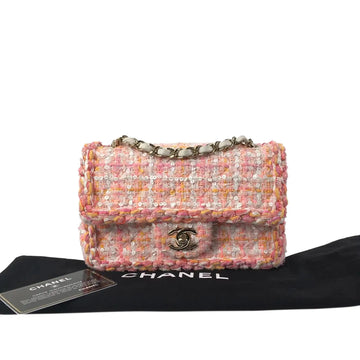 Chanel Classic Rectangular Flap Bag Mini Multicolor Pink Tweed Gold