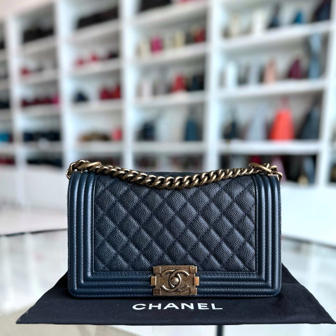 Chanel Boy Medium - Togo/epsom/caviar/clemence/callfskin/cowhide/lambskin 25CM Quilted Dark Blue Ruthenium Gold Hardware Series 19