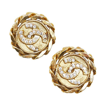 Chanel Coco Mark Round Rhinestone Clip-On Earrings Gold Plated