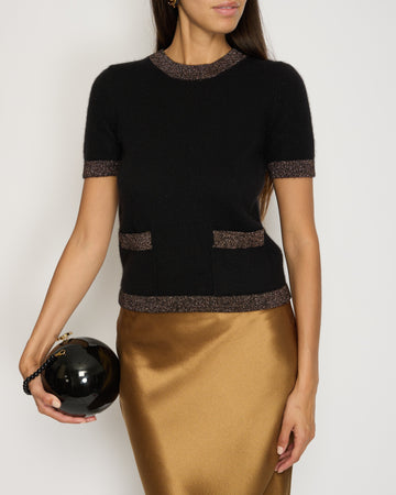 Pearl Street Bags Chanel Black and Gold Cashmere Blend Short Sleeve Jumper with Metallic Thread Size FR 36 (UK 8)