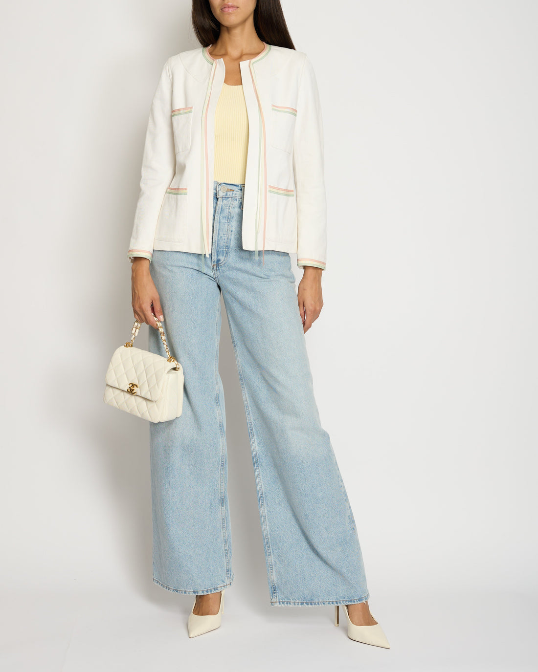Pearl Street Bags Chanel 04/C White Round Neck Jacket with Pastel Trim Detail FR 36 (UK 8)