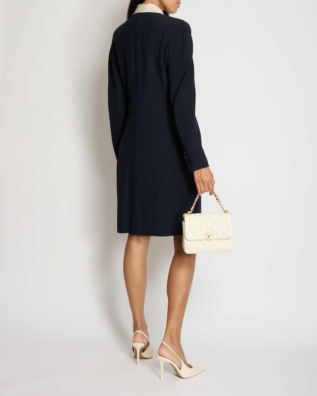 ** Pearl Street Bags Chanel 97/A Navy Long Sleeve Midi Dress with Detachable Collar Detail FR "Petit" (UK 12)