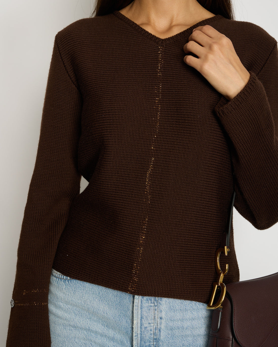 Pearl Street Bags Chanel 99/A Brown V Neck Knitted Jumper with Gold Stitch Detail FR 38 (UK 10)