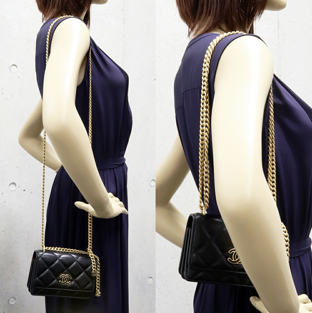 Top Quality Chanel Lambskin Chain Wallet Black  Gold