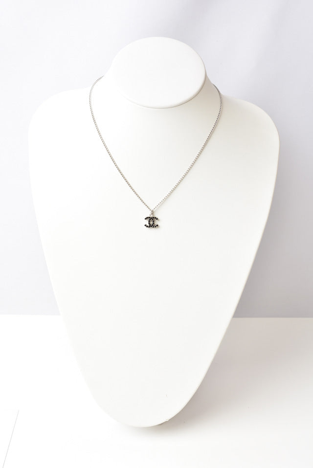 Chanel Necklace/Pendant, Metal, Rhinestone, Black/Silver, New