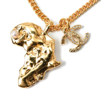 Chanel Necklace/Pendant Chain with African Motif, CC Rhinestones, Gold