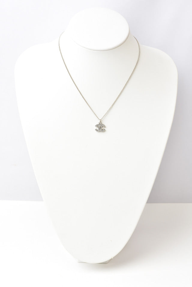 Top Quality Chanel Necklace/Pendant with Rhinestones, Silver/White, 42cm