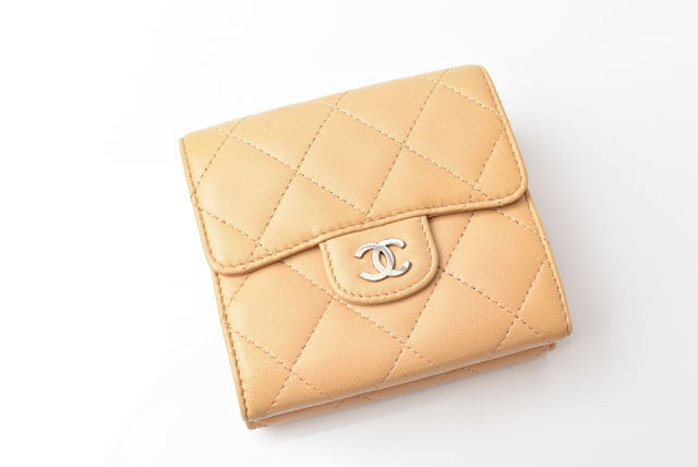 Chanel Lambskin Trifold Wallet A82288 Beige/Silver