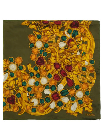 Chanel Cc Mark Gripoix Jewelry Pattern Scarf Khaki/Multi