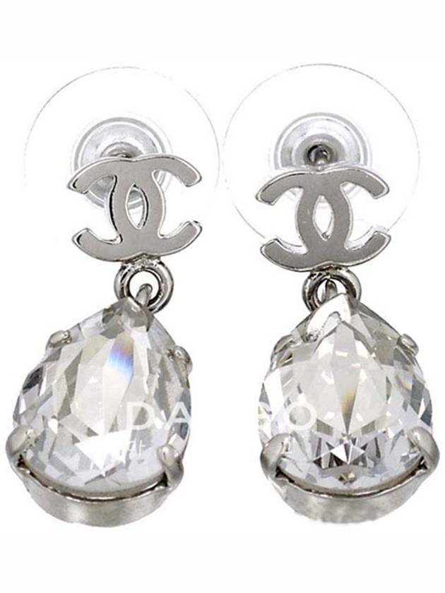 CC Logo Crystal Teardrop Earrings Silver Chanel