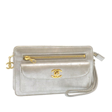 Chanel Clutch Bag Leather Silver CC Auth A