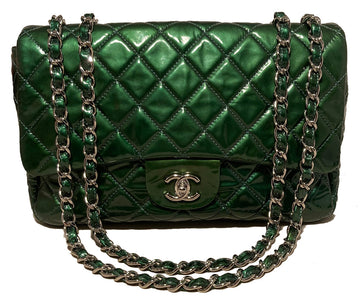RARE Chanel Metallic Green  Leather Jumbo Classic Flap