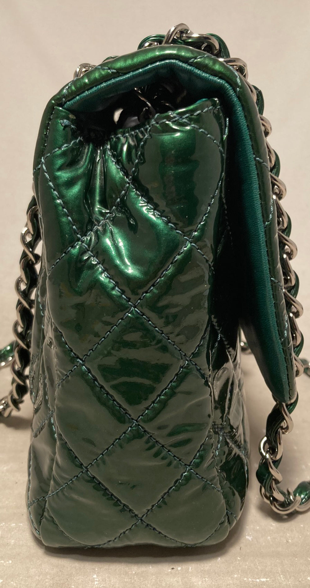 RARE Chanel Metallic Green  Leather Jumbo Classic Flap