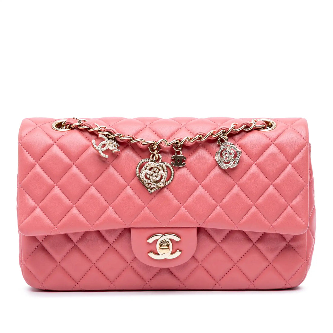 Chanel Classic Single Flap Heart Charms Medium Pink Lambskin Gold