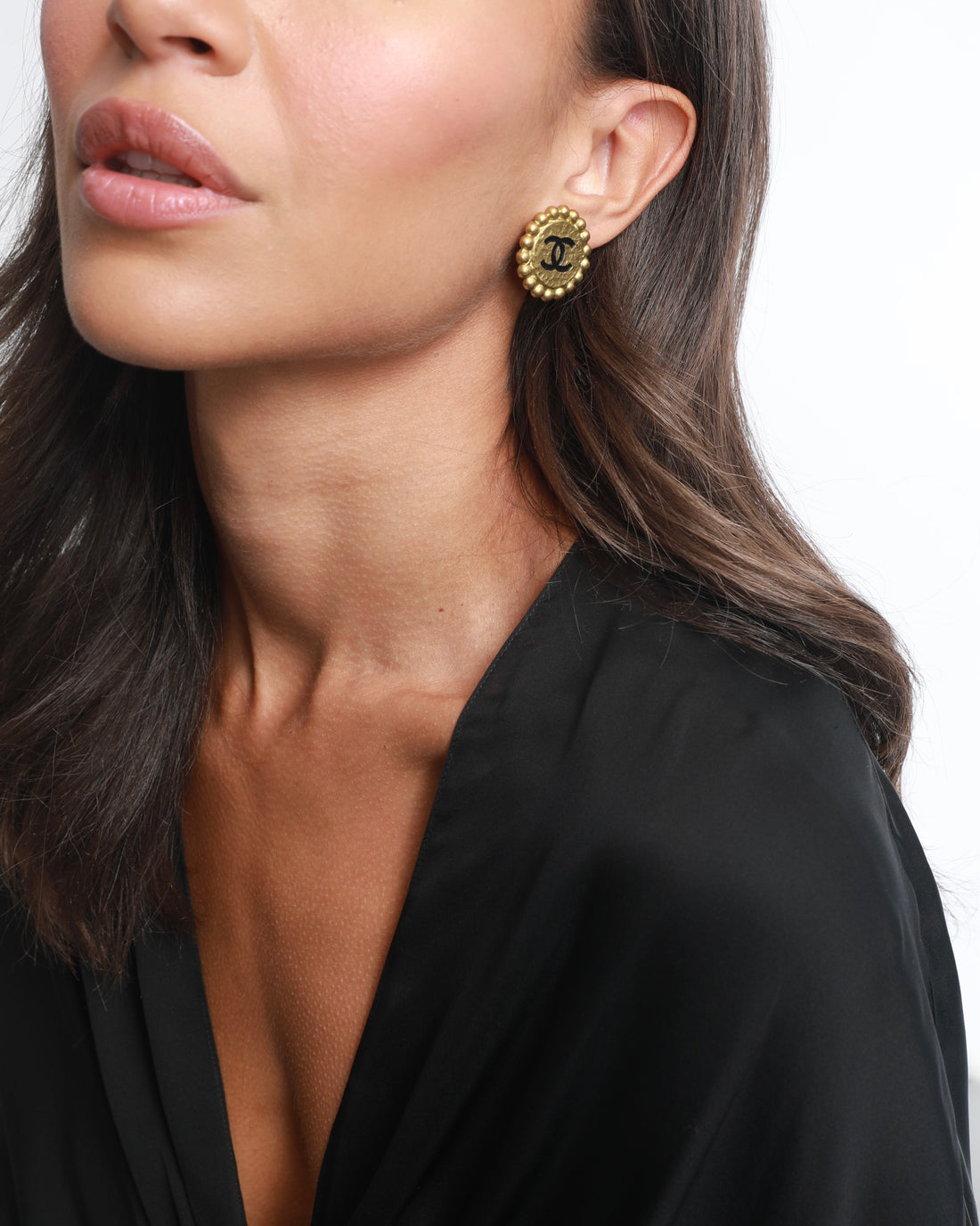 Pearl Street Bags Chanel  Brushed Gold Round Clip-On Earrings with Black CC Logo Detail