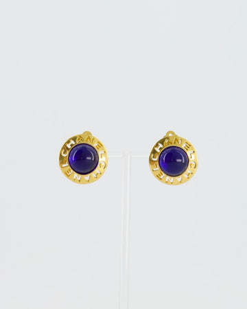 Top Quality Chanel  Yellow Gold with Blue Pearl Round Clip-On Earrings with CC Logo