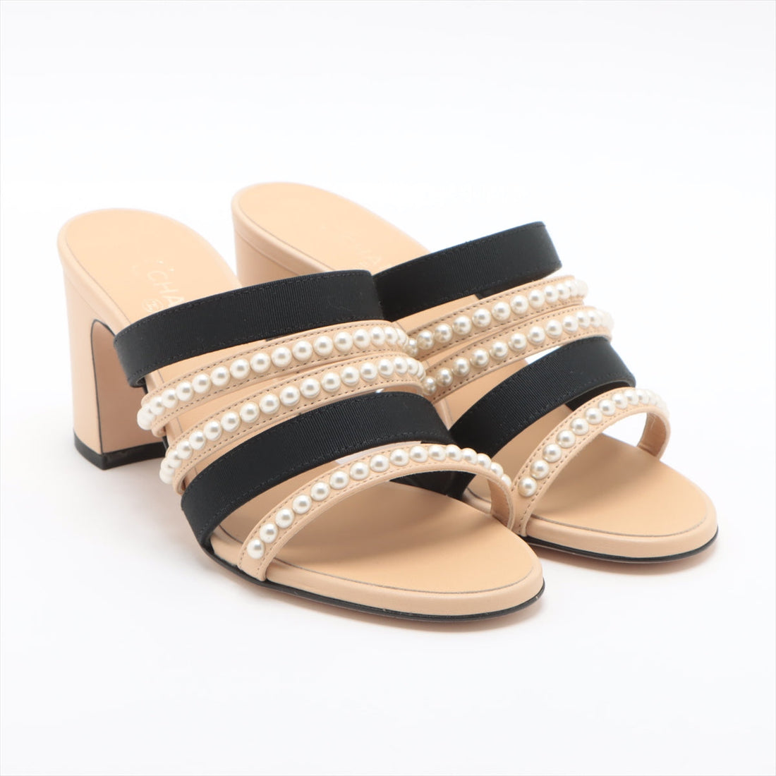 Chanel Cocono mark Leather X Fabric Sandal 35C Lady Beige X Black G35381 Pearl Mould Sandal Storage Bag With Allu Happy no market Store