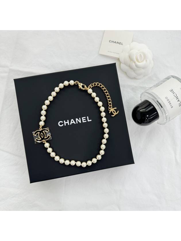 CC Logo Pearl Choker Necklace Black White Gold Chanel