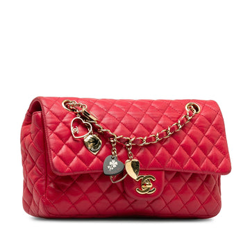 CHANEL Medium Lambskin Valentine Heart Charms Single Flap Shoulder Bag