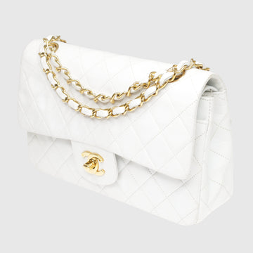White  Quilted Classic Medium Double Flap Bag w Gold Hardware