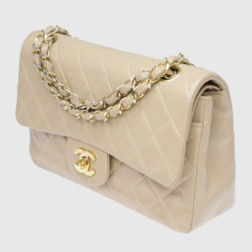 Beige  Quilted Classic Small Double Flap Bag w Gold Hardware