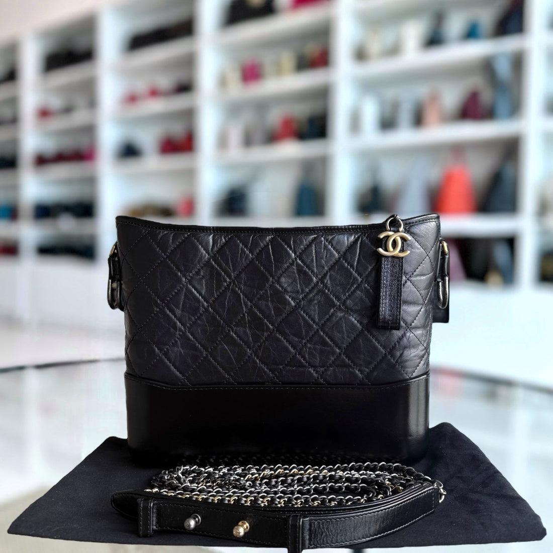 Chanel Gabrielle Medium - Quilted CalBNkin Black Two-tone Gold Hardware Series 25