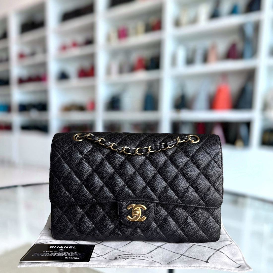 Chanel Classic Flap Medium - Togo/epsom/caviar/clemence/callfskin/cowhide/lambskin 25CM Quilted Grained CalBNkin Black Gold Hardware Series 14