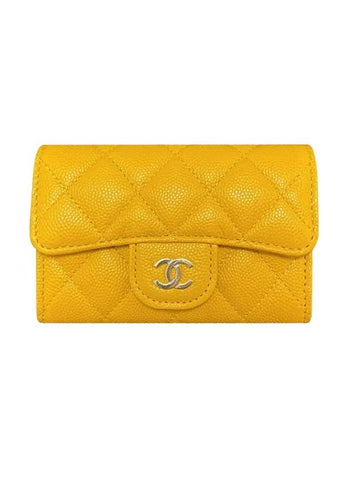 Classic Grained Shiny CalBNkin Card Wallet Yellow Chanel