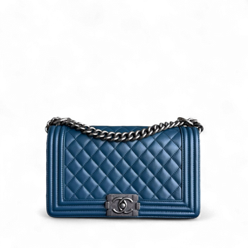 Chanel Boy Medium - CalBNkin 25CM Quilted Blue Ruthenium Silver Hardware Series 26