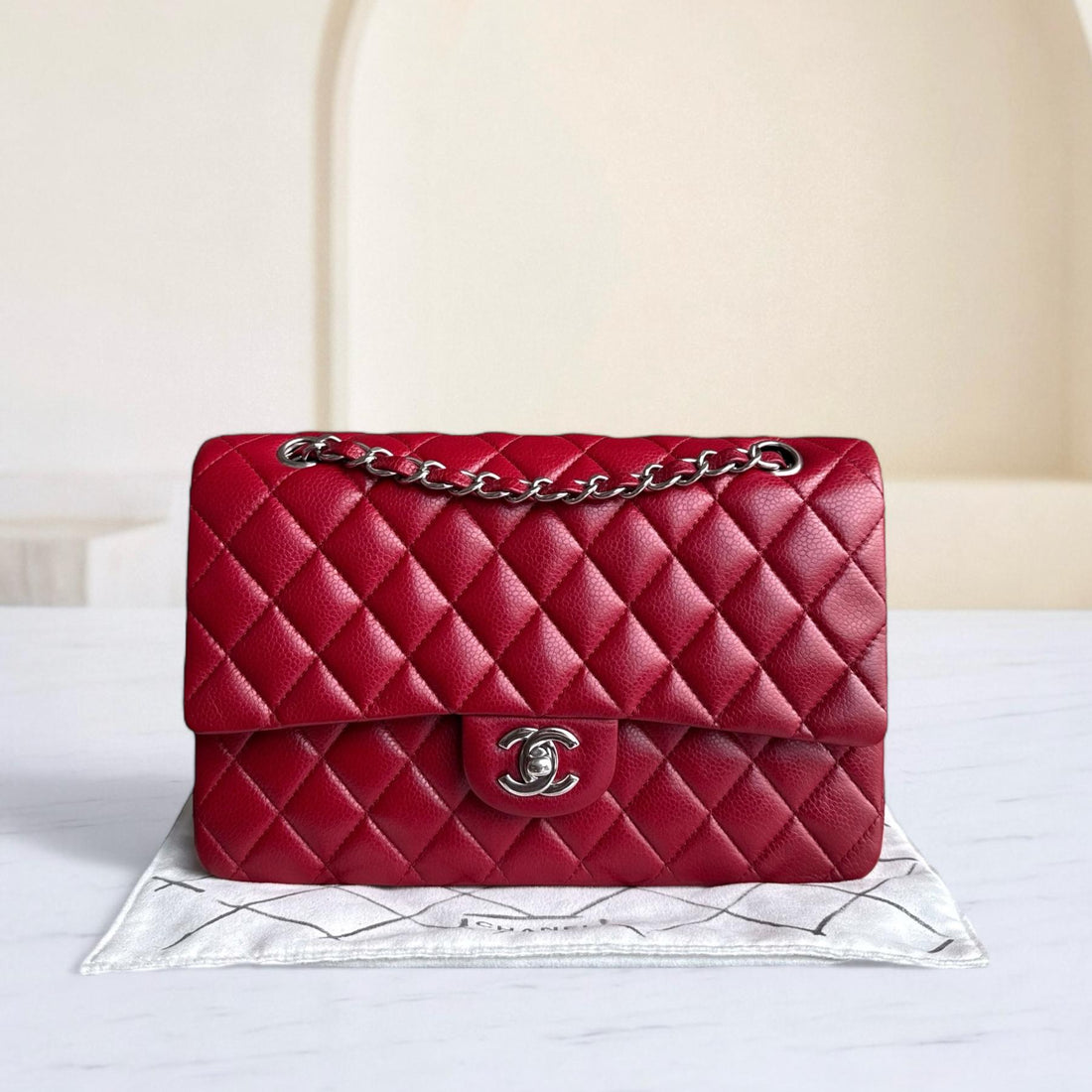Chanel Classic Flap Medium - Togo/epsom/caviar/clemence/callfskin/cowhide/lambskin 25CM Quilted Grained CalBNkin Red Silver Hardware Series 16