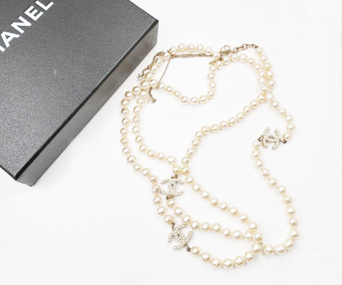 Top Quality Chanel 3 Gold CC Pearl Faux Fresh Water Pearl Long Necklace