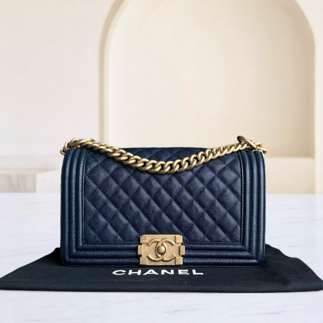 Chanel Boy Medium - Togo/epsom/caviar/clemence/callfskin/cowhide/lambskin 25CM Quilted Dark Blue Gold Hardware Series 25