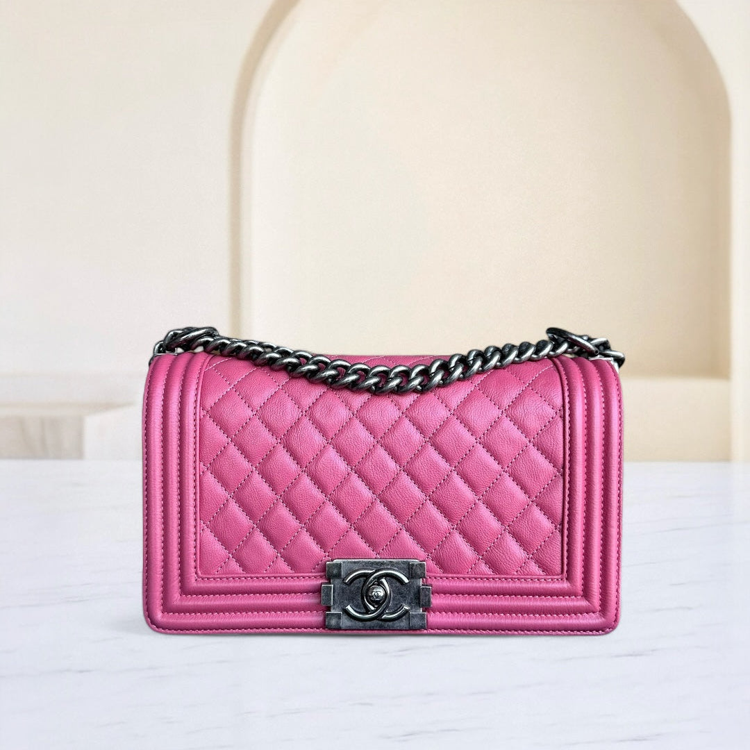 Chanel Boy Medium - CalBNkin 25CM Quilted Grained CalBNkin Leboy Pink RSHW No 17