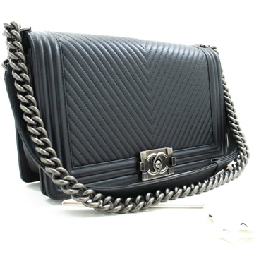 Chanel Boy Dark Gray V-Stitch Chain Shoulder Bag Quilted New