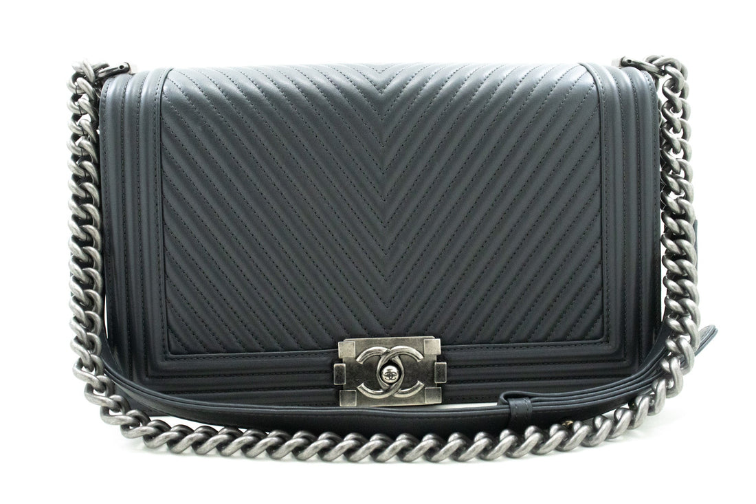 Chanel Boy Dark Gray V-Stitch Chain Shoulder Bag Quilted New