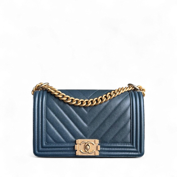 Chanel Boy Medium - Togo/epsom/caviar/clemence/callfskin/cowhide/lambskin 25CM Chevron Grained CalBNkin Blue Gold Hardware Series 25