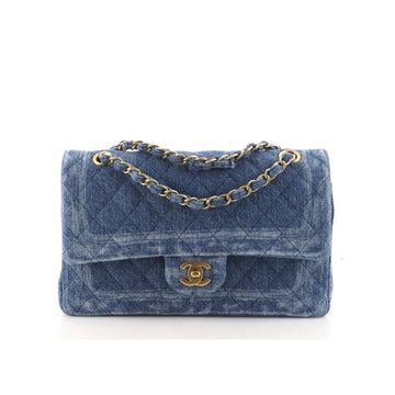CC CLASSIC DOUBLE FLAP BAG QUILTED PRINTED DENIM MEDIUM BLUE 25CM